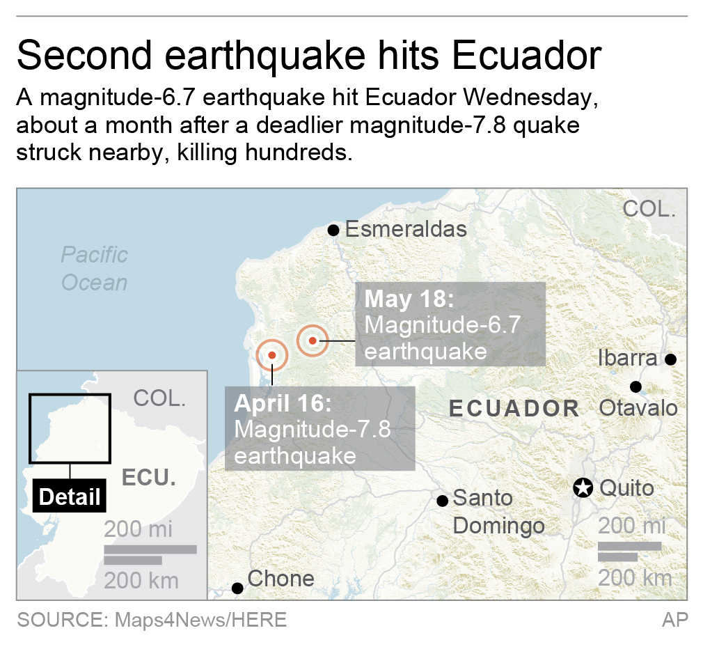 Map locates magnitude-6.7 and magnitude-7.8 quakes in Ecuador