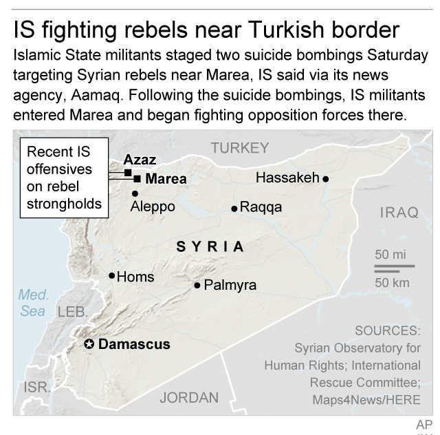 Map locates rebel strongholds in northern Syria where the Islamic State group has launched offensives in recent days; 2c x 3 inches; 96.3 mm x 76 mm;